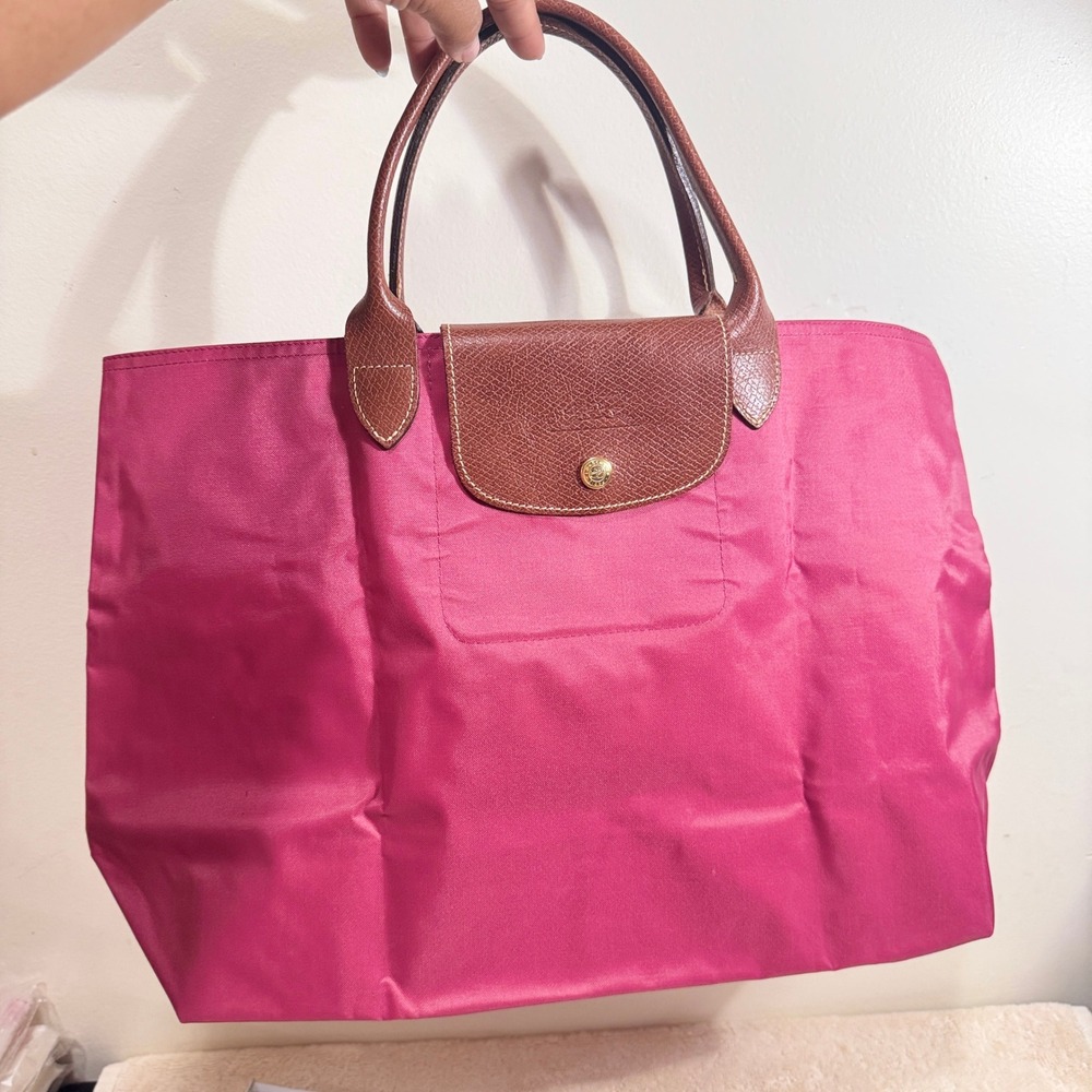 Vintage 2000s Longchamp Women's Pink/Brown Le Pliage Large Tote Bag